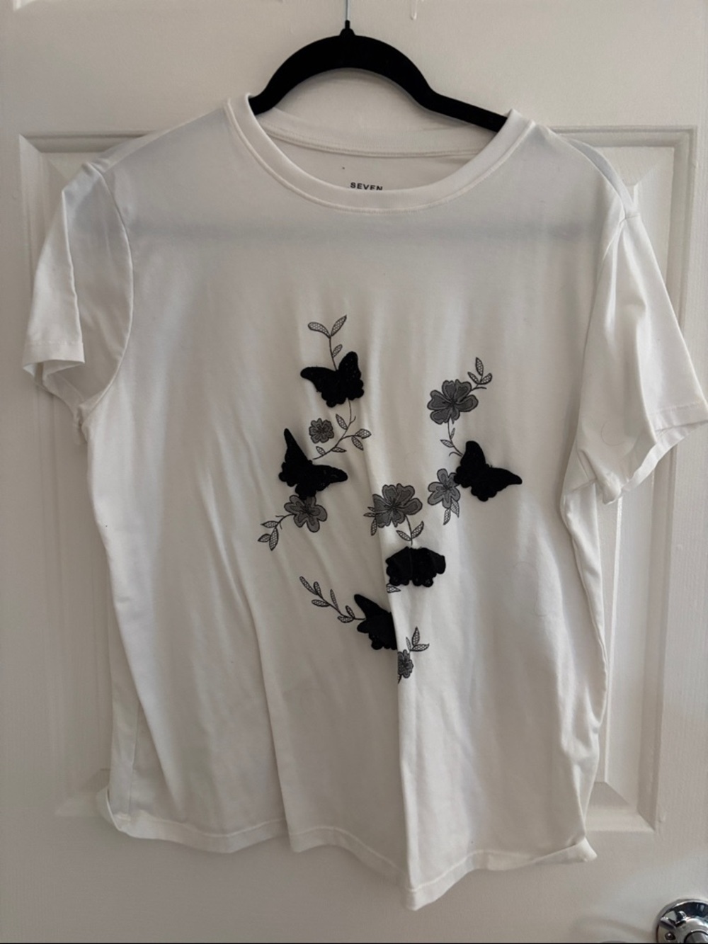 Seven7 White Short Sleeve Tee with Black Butterfly & Floral Appliqué